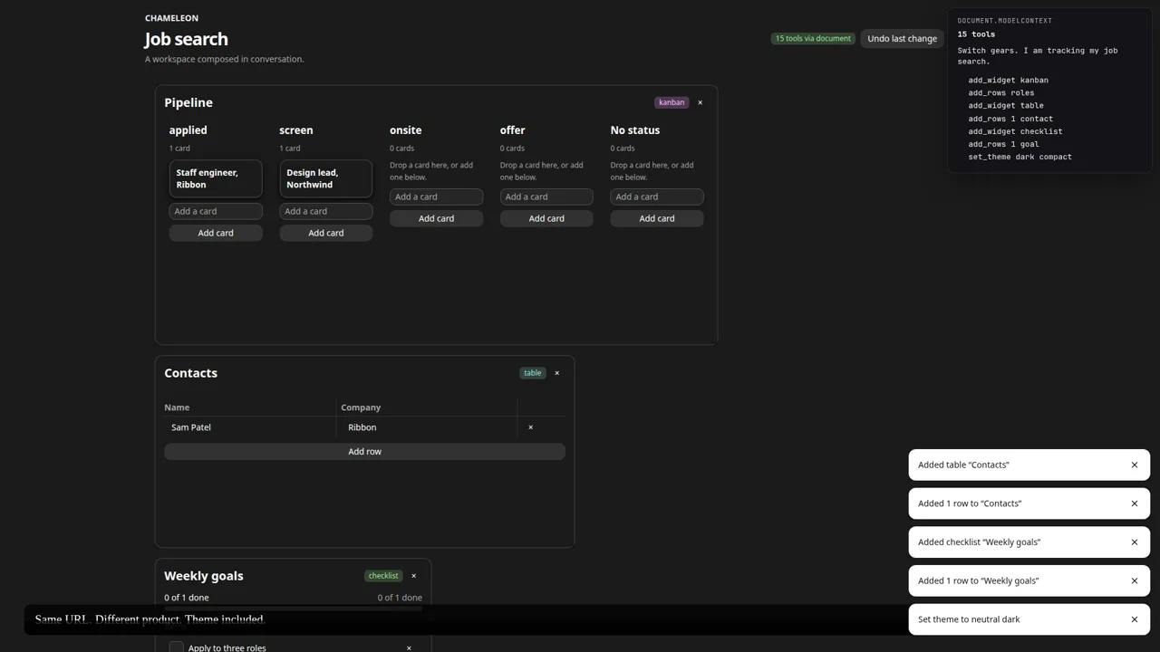 A dark job-search board with a pipeline kanban, contacts table, and weekly goals.