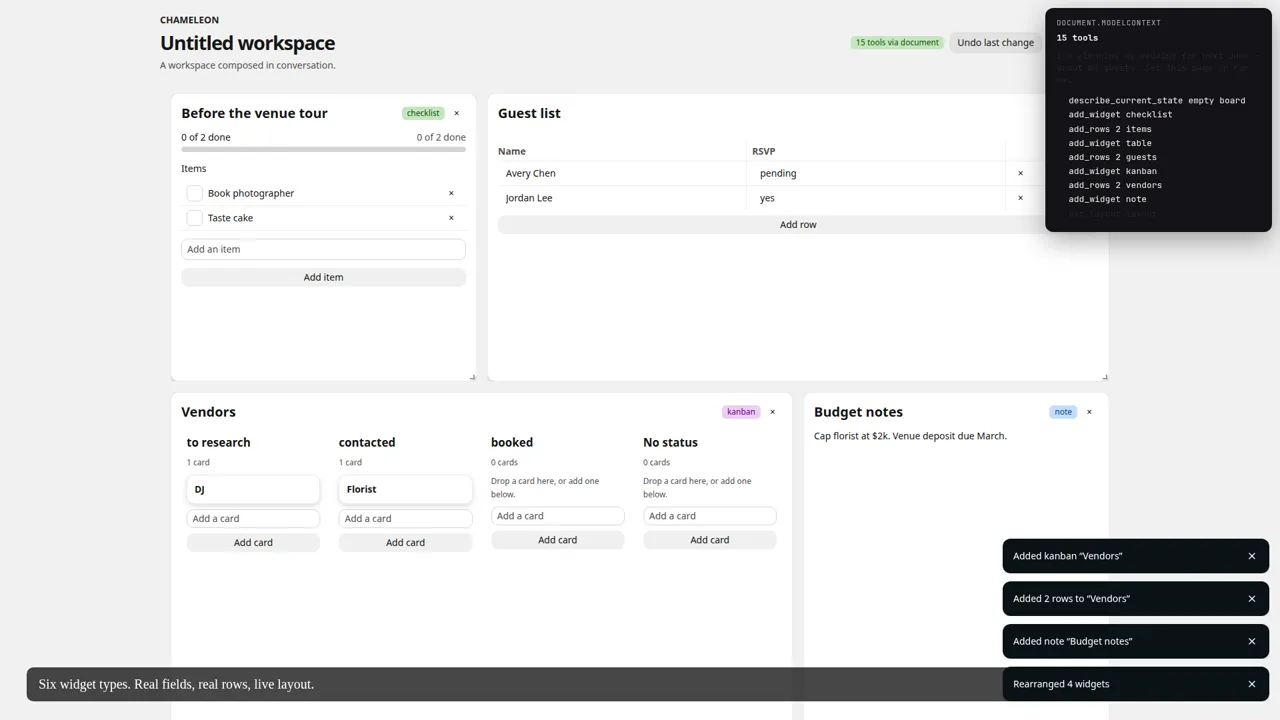 A wedding planner board with a checklist, guest table, vendor kanban, and budget note.